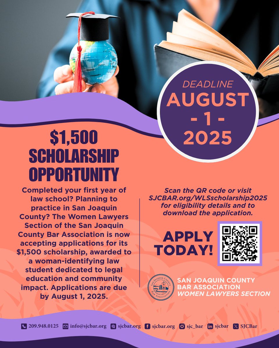 This $1,500 scholarship is open to women-identifying law students who have completed their first year of law school, and plan to practice law in San Joaquin County. Applications are due by August 1, 2025. Visit sjcbar.org/WLSscholarship… for details.

#SJCBA #SJCBAR #Scholarship