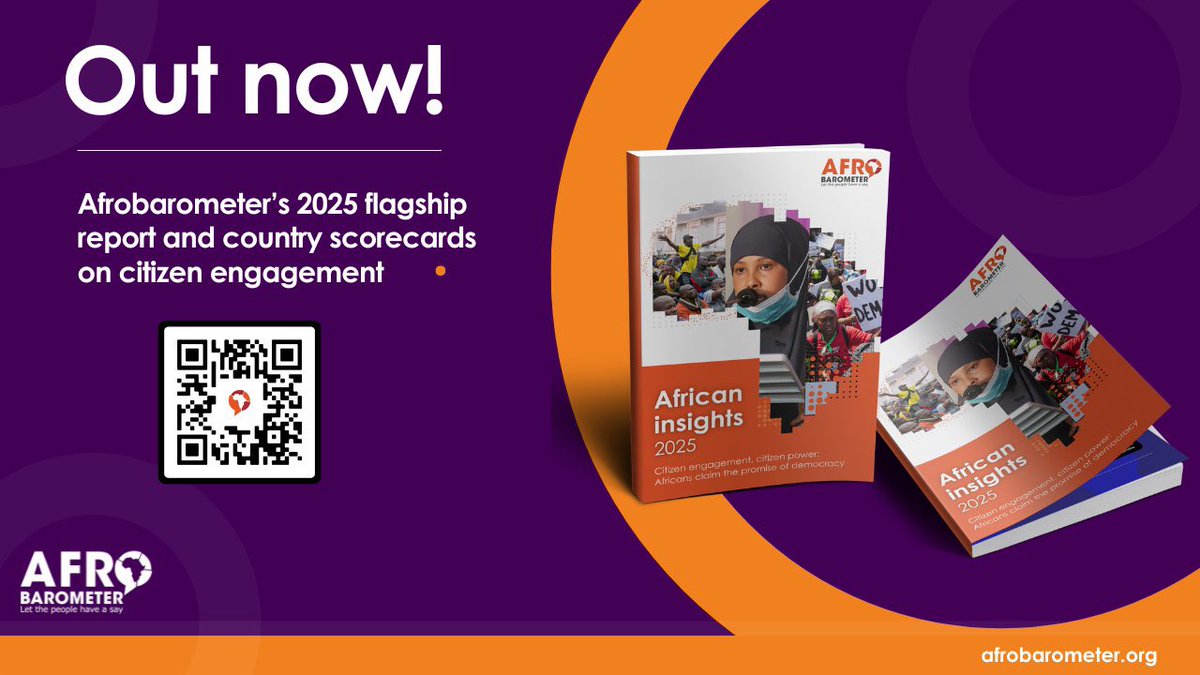 <a href="/afrobarometer/">Afrobarometer</a>’s #AfricanInsights2025 flagship report is out now!
Explore how Africans are engaging in
democracy, from voting and protesting to contacting leaders, and the factors that drive engagement.

Download the full report here:
bit.ly/40qnJ1e