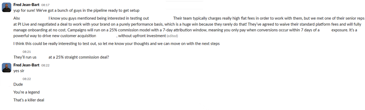 fjeanbart's tweet image. At Performance Partners, we are the ‘deal-makers’, and a recent win reinforced our philosophy.
Last month, we onboarded a client who wanted to test out a new affiliate program with a high-value affiliate.
But here’s the catch…
They didn’t want to pay a large upfront fee.
It…