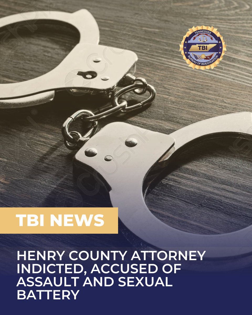 JUST ANNOUNCED: An investigation by special agents with the Tennessee Bureau of Investigation into allegations of assault and sexual battery has resulted in the arrest of a Henry County attorney.

tbinewsroom.com/2025/07/08/hen…