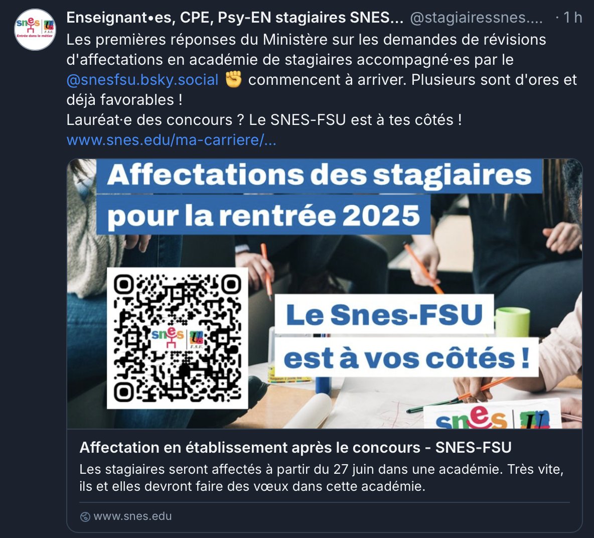 Ithyphallique's tweet image. ℹ️
Pour ceux qui ont réussi le CAPES/CAPET/agreg cette année, n'hésitez pas à faire un recours si vous êtes mécontents de votre académie d'affectation. Le @SNESFSU indique que plusieurs ont déjà abouti.
Et faites-vous conseiller pour l'intra !
➡️ snes.edu/ma-carriere/co…