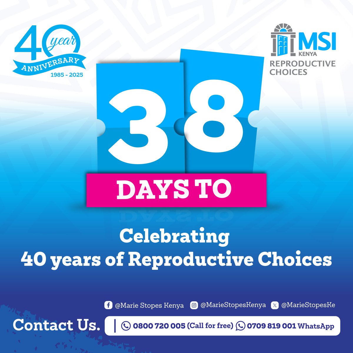 🎉 38 Days to 40 Years!
From choice to change — for four decades, we’ve journeyed with women, families, and communities toward a healthier, empowered future. 💙
Join us as we count down to #MSIKAt40 — celebrating 40 years of reproductive choices, impact, and transformation across