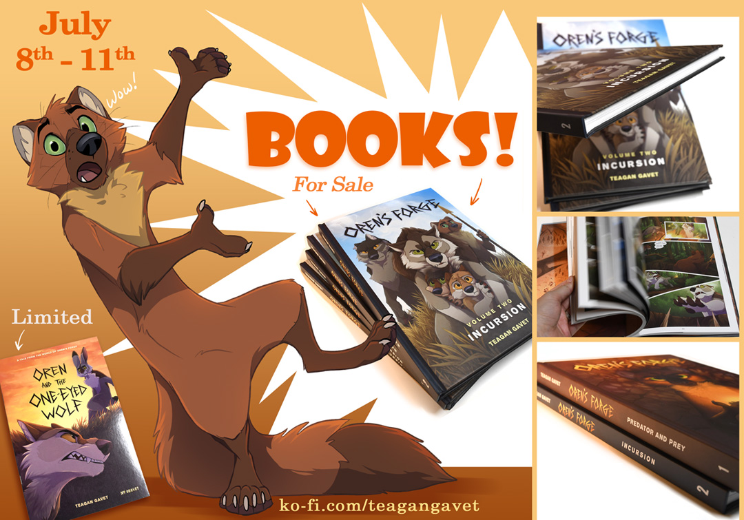 I'm selling some books online before the USPS increases shipping prices on the 13th!

I've got Volume One and Two, a few cheaper copies with cosmetic cover damage, and the limited/numbered run of Oren and the One-Eyed Wolf!

Check 'em out:
ko-fi.com/teagangavet/sh…