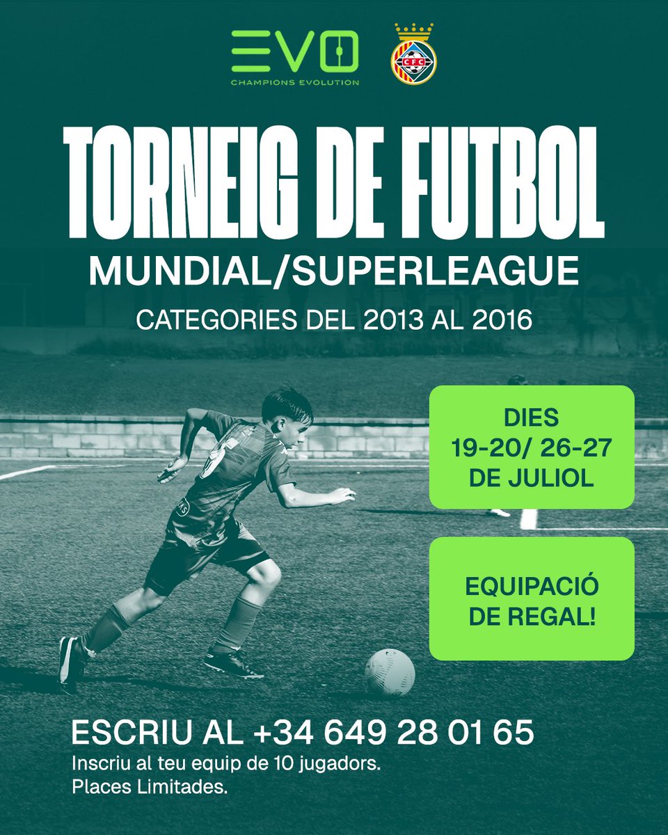 TORNEIG MUNDIAL / SUPERLEAGUE AL CERDANYOLA FC!

EVO Champions Evolution, amb la col·laboració del Cerdanyola FC, organitza un torneig espectacular per a les categories 2013-2016.
Dates: 19 i 20 de juliol 26 i 27 de juliol

Reserva ja la teva plaça al 📞 +34 649 28 01 65