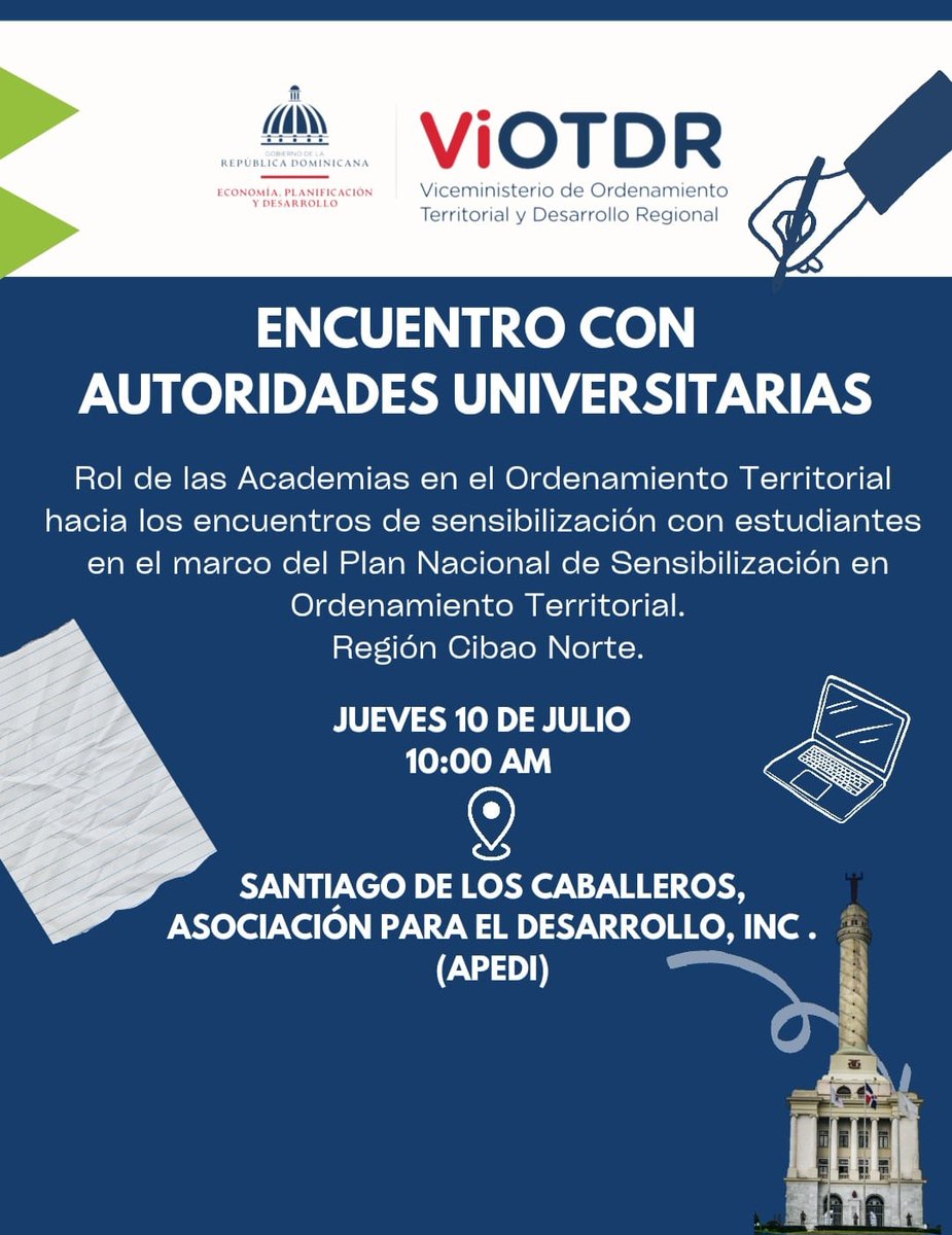 Este jueves 10 de julio, el VIOTDR realizará su 2.º encuentro con autoridades universitarias en la región Cibao Norte, como parte del Plan Nacional de Sensibilización, donde se resaltará el rol de la academia en la construcción de un territorio más sostenible.