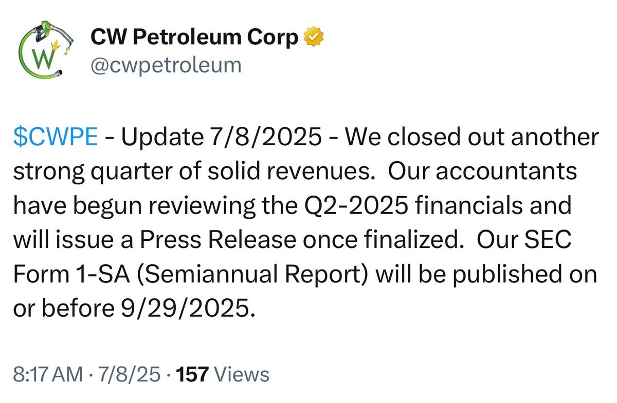 NapoleansPicks's tweet photo. @Pharmdca 🚨 $CWPE 🚨 .04 TOP GAS STOCK!
WAKE UP!

2.5MIL MARKET CAP, 0 CONV DEBT, 13 MILL FLOAT, CEO OWNS 35%
10 MILL REVS. THIS IS GONNA 🏃🏻‍♂️ HARD

$NUGN $RECX $OMTK $EDGM $GTCH $ILST $ALCE $SPQS $PSWW $CBLO $FAGI $DRNK $PURE $WAST $IRME $ALYI $UTRX $AIBT $GCEI $CBDW $BMXI $XOM $BP $CHV https://t.co/WwniSvMmlT