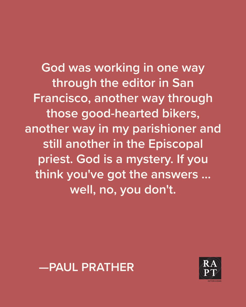 "There are special people who serve as cracks in the world. They let divine light in to the rest of us. Neither we nor they see the whole of it, but through them we get a glimpse, a sliver." -Paul Prather

raptinterviews.com/articles/the-c…