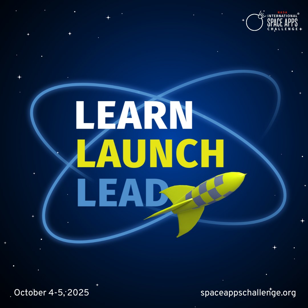 SpaceApps's tweet image. Announcing the 2025 NASA #SpaceApps theme: Learn, Launch, Lead! 🚀
💡 Learn STEM skills
💡 Launch ideas using @NASA’s open data
💡 Lead innovation in your community
Join us October 4-5 to tackle real NASA challenges. Registration opens July 17!