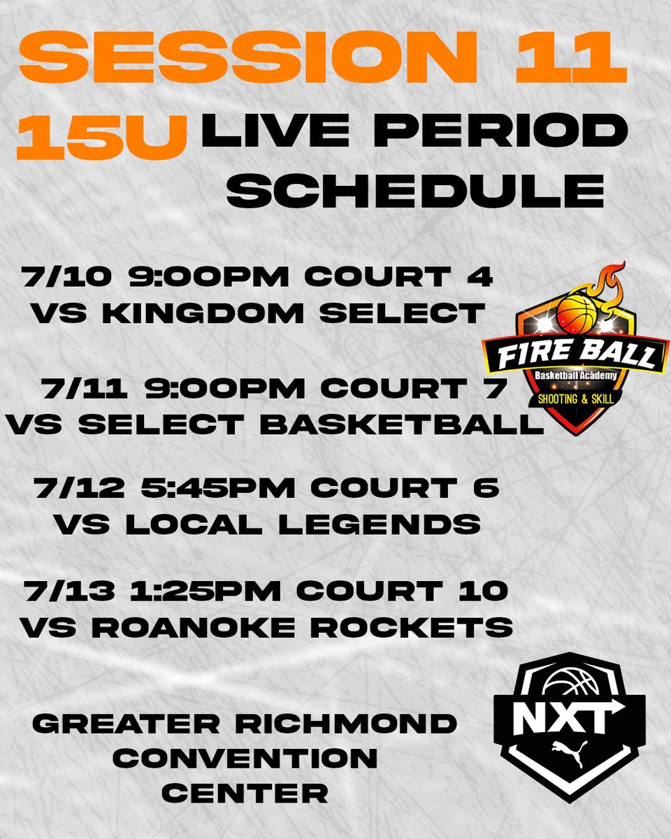 Fireballbasketballacademy (@fireballbbaca) on Twitter photo College Coaches Here is the live period schedule for this week!
Starting things off in downtown raleigh at <a href="/Phenom_Hoops/">Phenom Hoop Report</a> . Also competing in <a href="/NxtProHoops/">NXTPRO Hoops</a> <a href="/PRO16League/">PRO16/NXTPRO League</a> Live Period In Richmond! Number of players on our roster already getting college recruitment. Don’t be late! College Coaches Here is the live period schedule for this week!
Starting things off in downtown raleigh at <a href="/Phenom_Hoops/">Phenom Hoop Report</a> . Also competing in <a href="/NxtProHoops/">NXTPRO Hoops</a> <a href="/PRO16League/">PRO16/NXTPRO League</a> Live Period In Richmond! Number of players on our roster already getting college recruitment. Don’t be late!