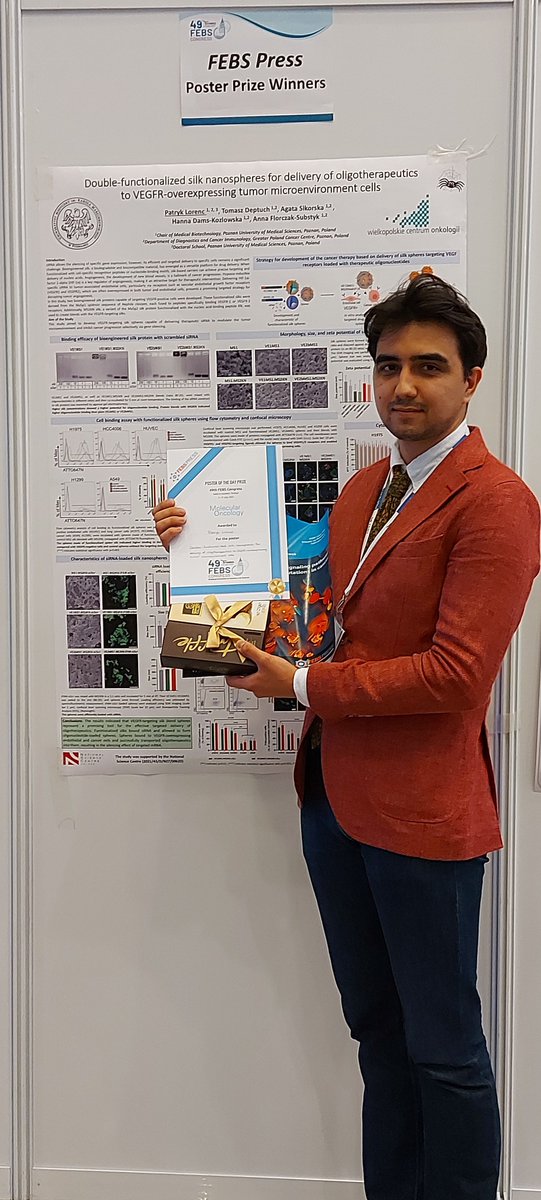 MolOncology's tweet image. 🏅 Congratulations to Patryk Lorenc for winning the daily poster prize from Molecular Oncology with his poster "Double functionalised silk nanoparticles for the delivery of oligotherapeutics to VEGFR overexpressing tumour microenvironment cells"👏
#FEBS2025 #FEBSCongress2025