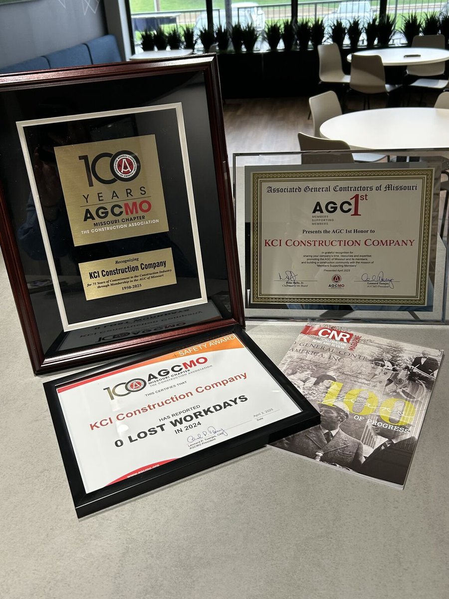 KCI_Constr_Co's tweet photo. This past week, AGC of Missouri celebrated 100 years, and KCI was proud to be part of it for 75. We were honored with AGC 1st Honor recognition and reported 0 lost workdays in 2024—a true reflection of our safety and excellence.

#AGC100 #SafetyExcellence #KCIConstruction https://t.co/nEqIt0jtME