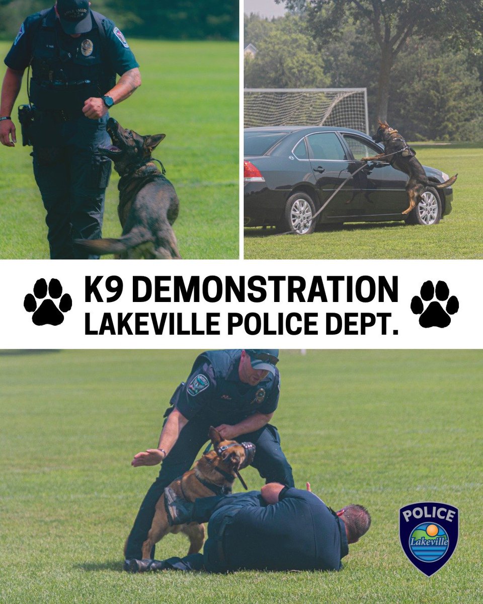 Come see our K9 Demonstration this Thursday!!  🐶Sponsored by the Lakeville Public Safety Foundation

📍 Steve Michaud Park – Lakeville, MN
🗓️Thursday, July 10th
⏰ 11AM - 12PM