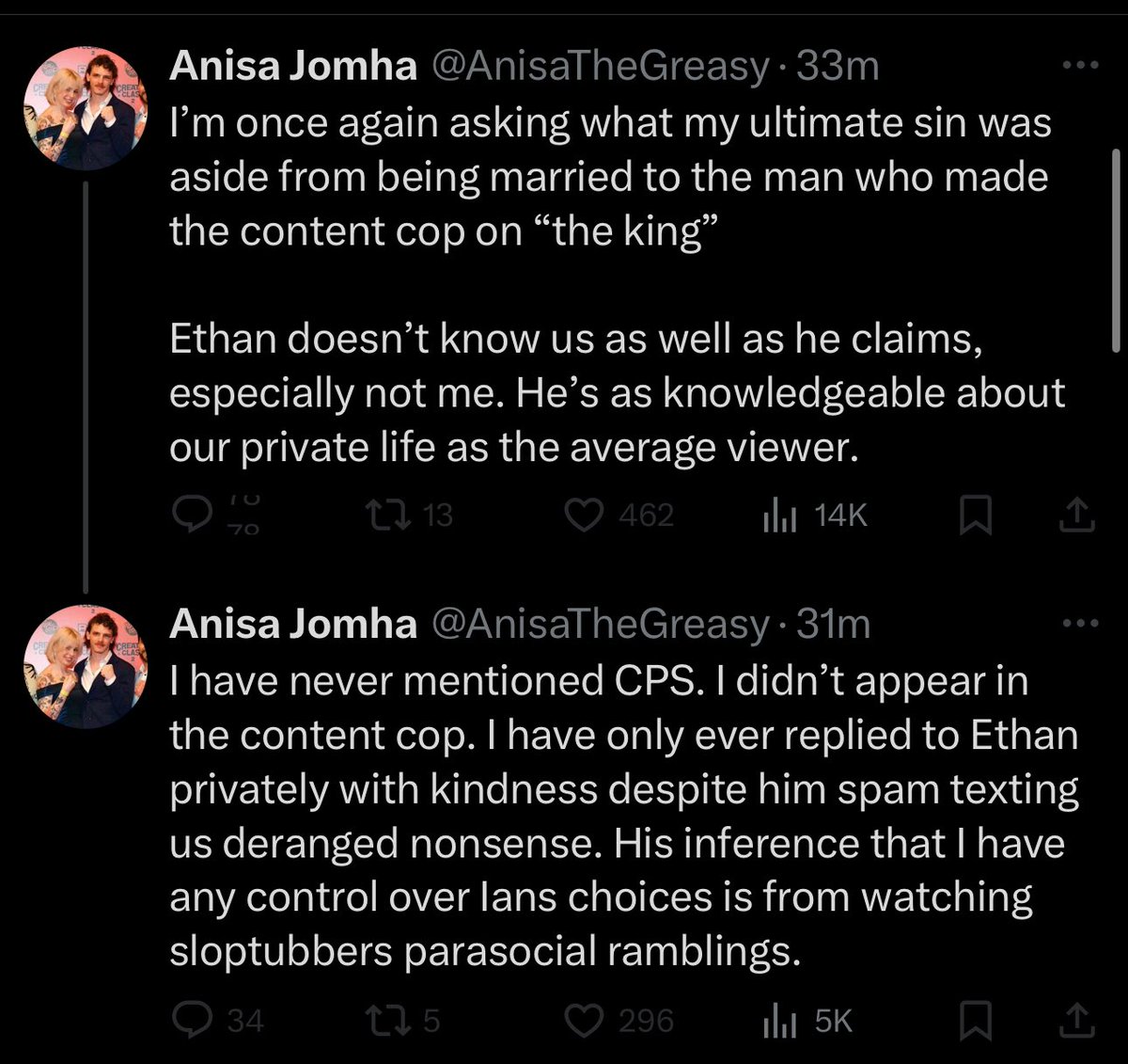 Anisa responds after Ethan says he will never let it go, denies being connected to the Content Cop 

“Again asking what my ultimate sin was aside from being married to the man who made the content cop..Ethan doesn’t know us as well as he claims..I have never mentioned CPS..only