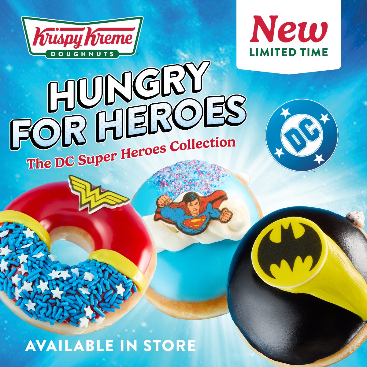 Unleash your inner hero with Krispy Kreme's Superhero doughnuts! 🦸 

Introducing a legendary line-up built for boldness: three super new doughnuts, available Monday 7th July - Sunday 17th August!

🦇 Batman™ 
🦸 Superman™ 
💥 Wonder Woman™