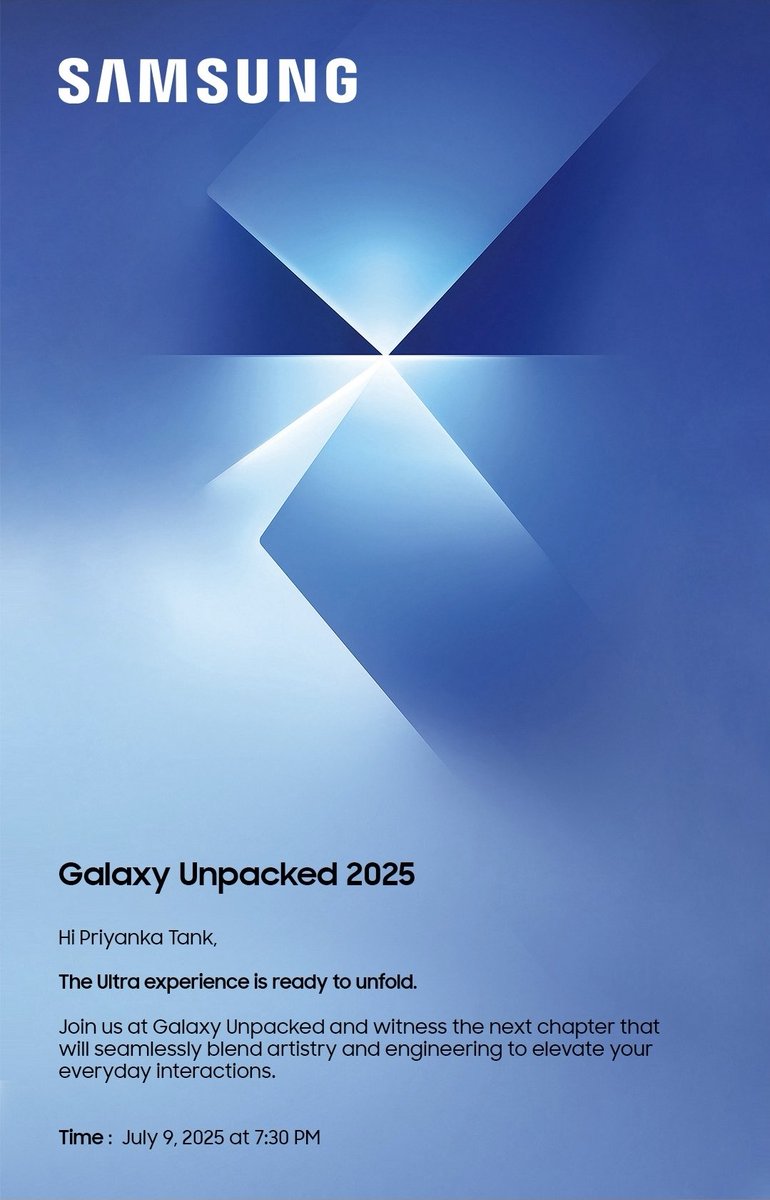 CAPriyankaTank's tweet photo. ✨Thrilled to be Invited!✨
Excited to share that I’ve received a personalized invitation to the Samsung Galaxy Unpacked event happening on 9th July 2025 at 7:30 PM IST! 📩🌌
Thank you, Samsung, for making this moment special
#GalaxyUnpacked #SamsungMembersStars #SamsungMembers https://t.co/GDSmgN8VmW
