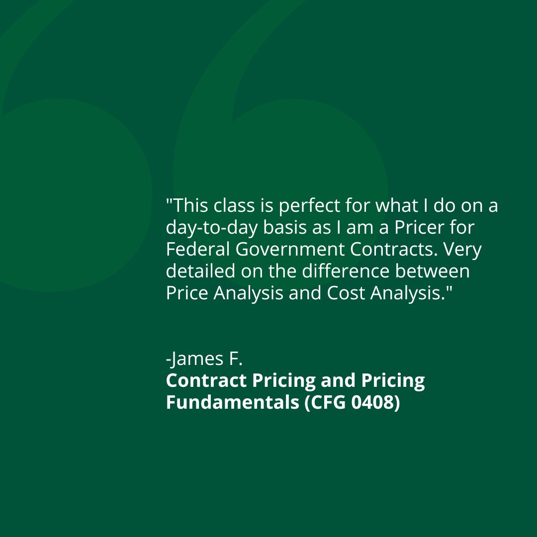 Another step forward in GovCon pricing success! This week’s spotlight comes from a student in our Contract Pricing &amp; Pricing Fundamentals course who gained real-world tools and insight to tackle federal pricing with confidence. 

Get registered for the October session early!
