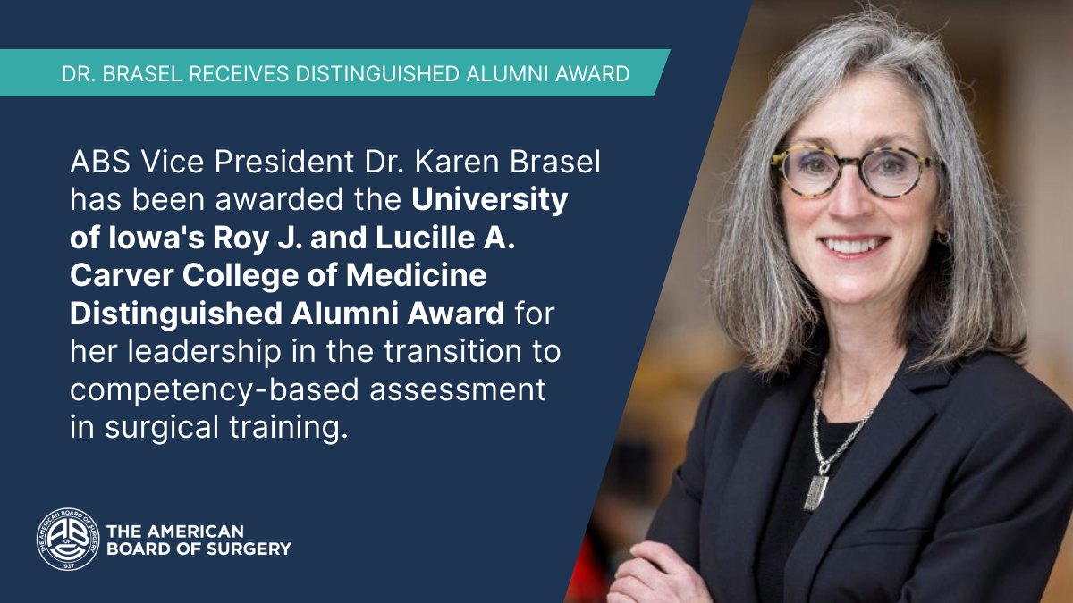Congratulations to ABS Vice President Dr. Karen Brasel on receiving the University of Iowa's Roy J. and Lucille A. Carver College of Medicine Distinguished Alumni Award, one of the school's highest honors - ow.ly/vKVG50WmrLz