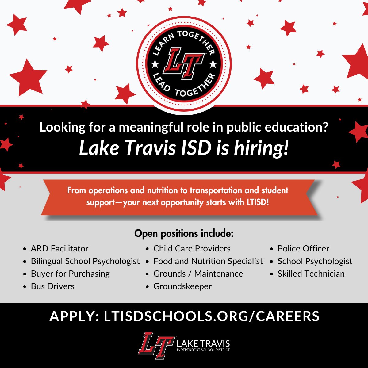 📢 Are you ready to make a difference in public education? LTISD is hiring across the district!

🤝 Join a tight-knit community dedicated to uplifting students and providing top-tier education.

🔗 Apply now: ltisdschools.org/careers

👋 We can’t wait to hear from you!