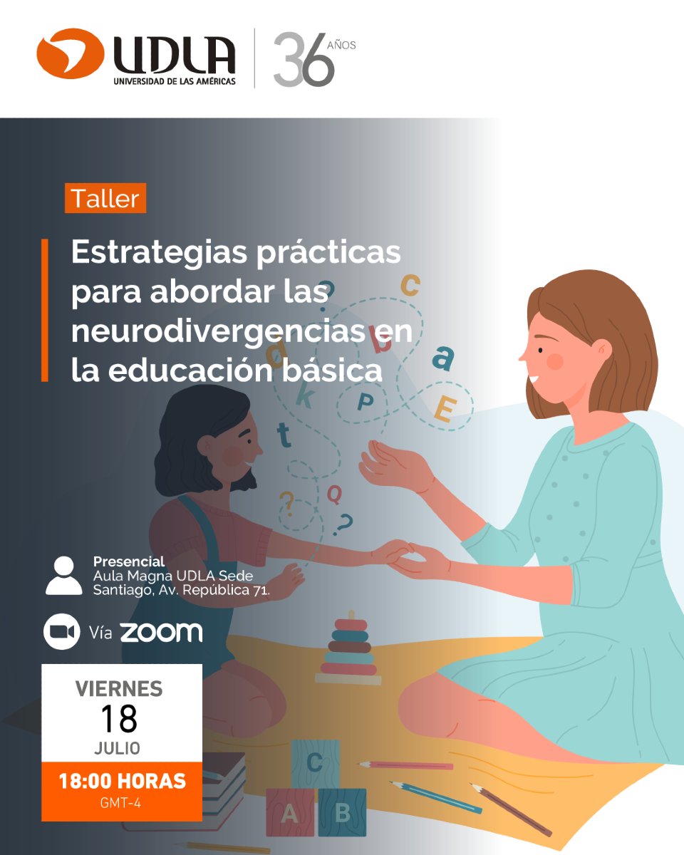 🧠✨ Este 18 de julio participa en el taller "Estrategias prácticas para abordar las neurodivergencias en la educación básica", presencial en UDLA o vía Zoom. Aprende herramientas inclusivas para el aula. Inscríbete aquí 👉 udla.zoom.us/webinar/regist…