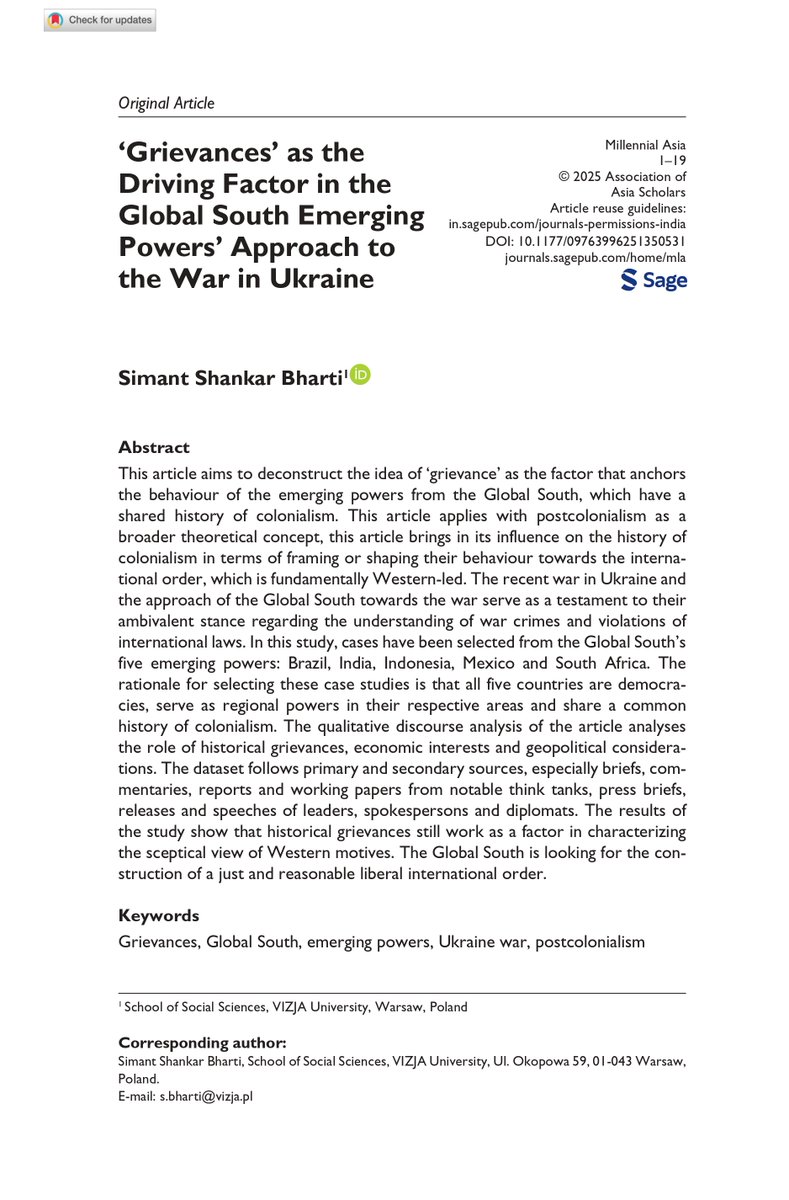 simant_uw's tweet image. My article &quot;‘Grievances’ as the Driving Factor in the Global South Emerging Powers’ Approach to the War in Ukraine&quot; has been published in Millennial Asia. Read the article: doi.org/10.1177/097639…
#Grievances #Global_South #emerging_powers #Ukraine_war #postcolonialism
