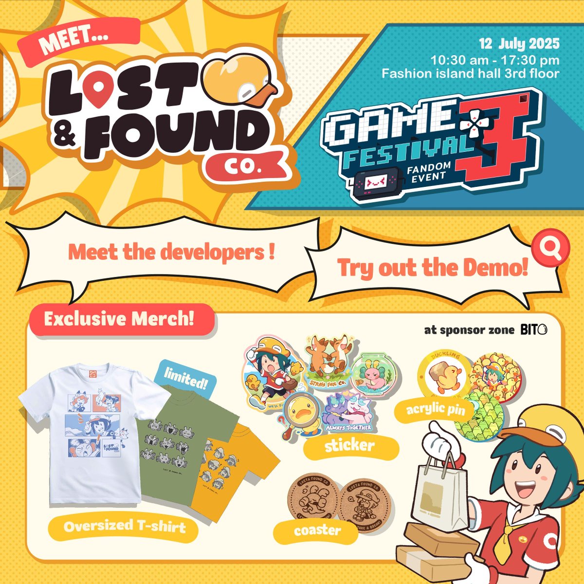 _LostAndFoundCo's tweet image. Lost and Found Co. is revealing our first-ever official merch at Game Fest #3! 🐥✨
Come play the game and grab some super cute goodies! 🎁💖
🗓️ July 12
📍 Fashion Island, 3rd Floor - Bit Egg Sponsor Zone
#LostandFoundCo #Merch #GF_P3