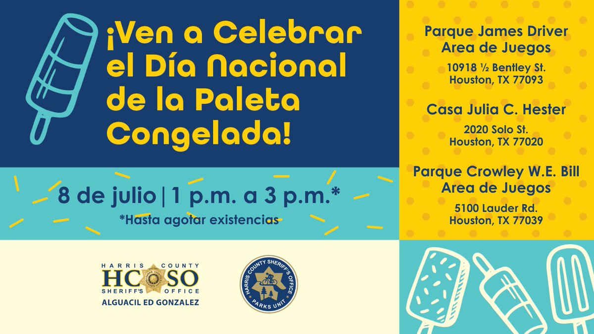 🍧☀️ ¡Hoy celebramos el Día de la Paleta Congelada!
 Únete a HCSO de 1 a 3 p.m. en:

📍 Parque James Driver
📍 Julia C. Hester House
📍 Parque Crowley W.E. Bill

¡Paletas heladas gratis mientras duren!