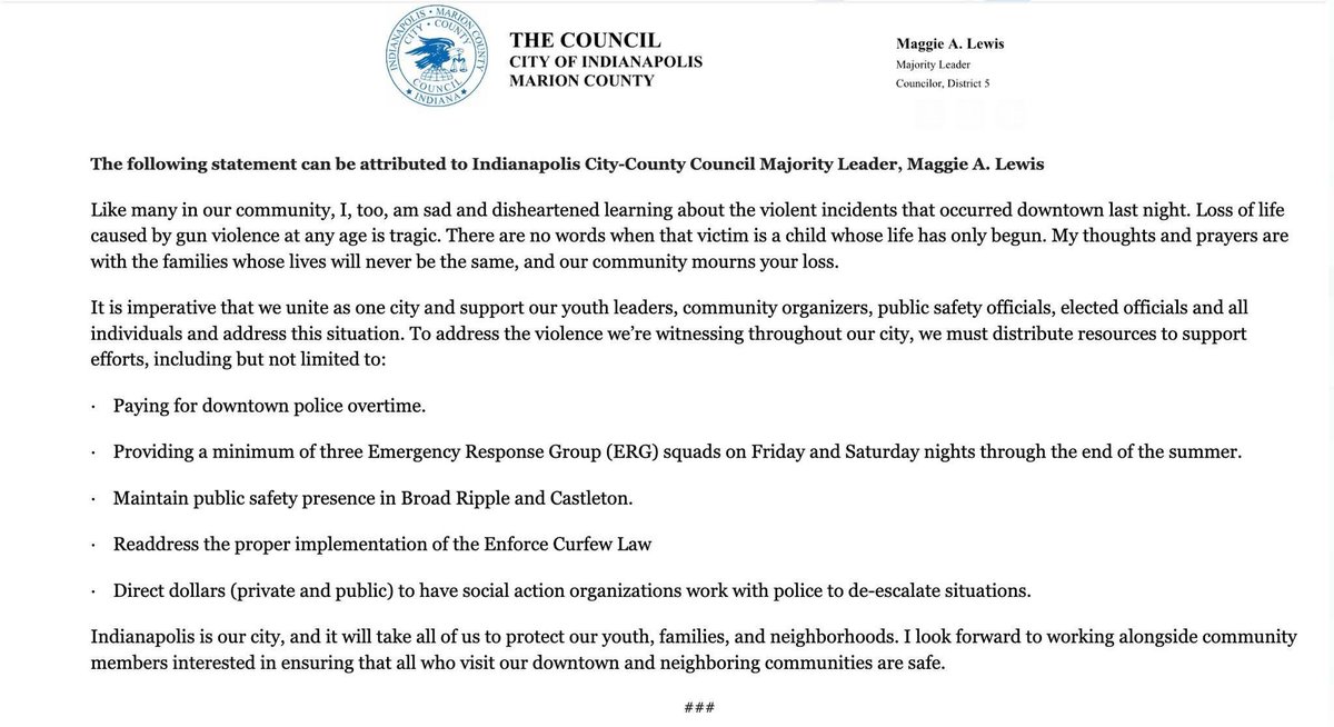 Rick Snyder (@rickfop86) on Twitter photo LEADERSHIP MATTERS: <a href="/MaggieALewis/">Maggie A. Lewis</a> outlined roadmap after Downtown Violence:
• Fund downtown police OT
• Staff min. of 3 ERG squads (FRI/SAT)
• Keep police presence in Broad Ripple + Castleton
• Enforce Curfew Law
• Use Support Groups
#SolutionsExist LEADERSHIP MATTERS: <a href="/MaggieALewis/">Maggie A. Lewis</a> outlined roadmap after Downtown Violence:
• Fund downtown police OT
• Staff min. of 3 ERG squads (FRI/SAT)
• Keep police presence in Broad Ripple + Castleton
• Enforce Curfew Law
• Use Support Groups
#SolutionsExist