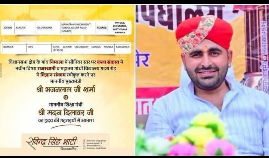 बाड़मेर के किसी भी विद्यालय में शायद ऑप्शनल सब्जेक्ट के रूप में राजस्थानी विषय नहीं होगा भाटी साहब की काबिलियत और राजस्थानी भाषा से लगाव के कारण और उनकी मेहनत से शिव विधानसभा के निम्बला विद्यालय में नवीन राजस्थानी विषय स्वीकृत किया गया विधायक महोदय का बहुत बहुत आभार !!
 @Ravindra