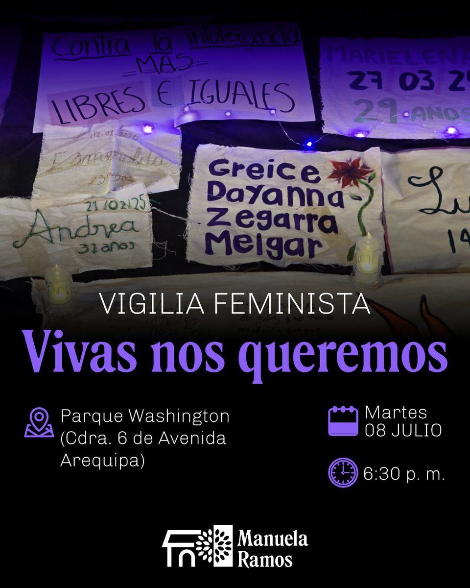 Por las compañeras que nos fueron arrebatadas y por las que continuamos luchando en su honor, nos reunimos hoy en nuestra #VigiliaFeminista 💜 para seguir alzando la voz en contra de la violencia machista ✊🏾 #ElMachismoMata #VivasNosQueremos

🗓️: Hoy, martes 8
📍: Parque