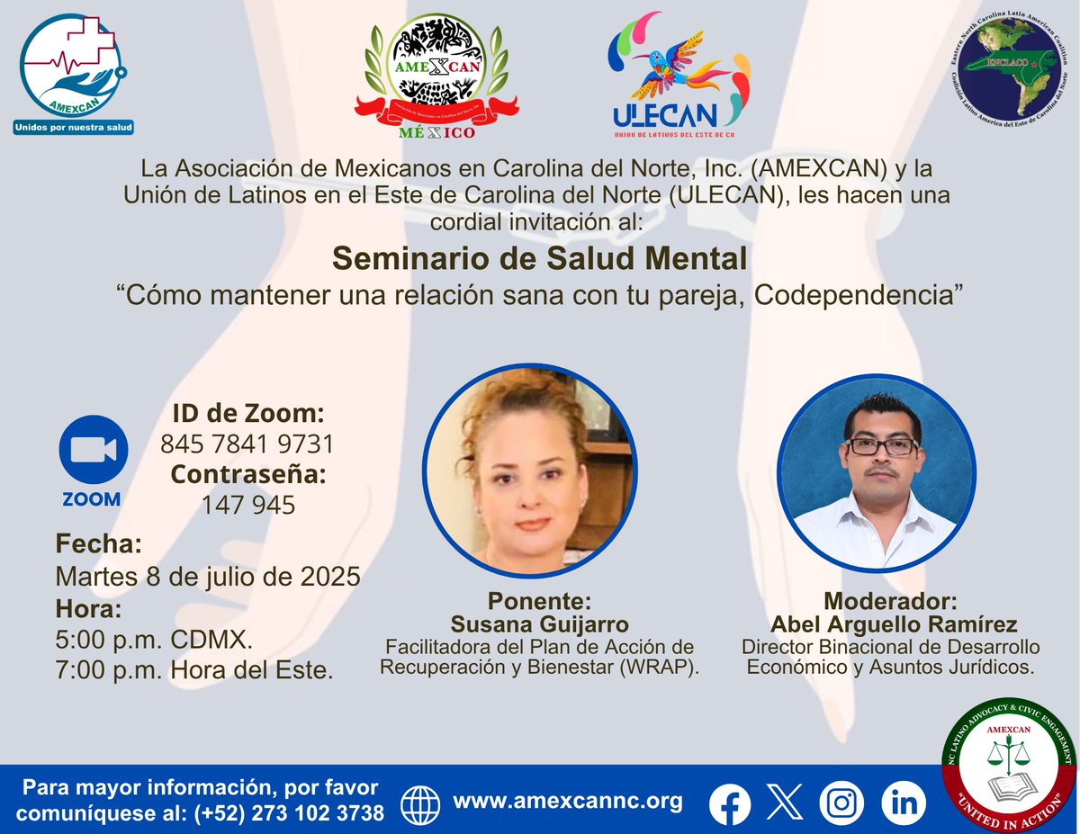 Seminario de Salud Mental: CODEPENDENCIA cómo mantener una relación sana con tu pareja

HOY Martes 8 de julio
5:00 PM CDMX.
7:00 PM EST.

Únase a la reunión de Zoom:
ID: 845 7841 9731
Contraseña: 147 945

¡Siéntase libre de compartir, esta reunión es GRATUITA y en ESPAÑOL!
