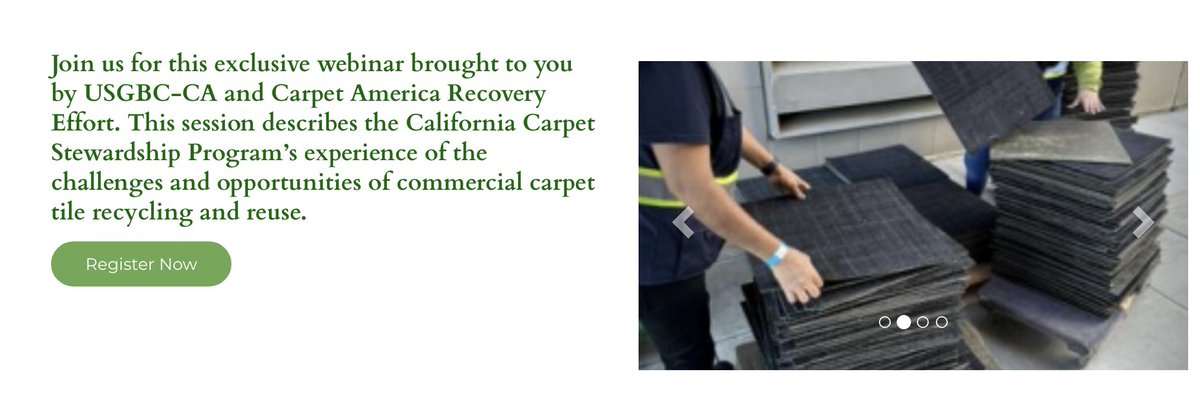 📷
We are pleased to be working with <a href="/USGBCCalifornia/">USGBC California</a>  to present a FREE webinar on commercial carpet tile recycling on July 25...learn more and register: usgbc-ca.swoogo.com/CARE?i=MqXmMQS…
