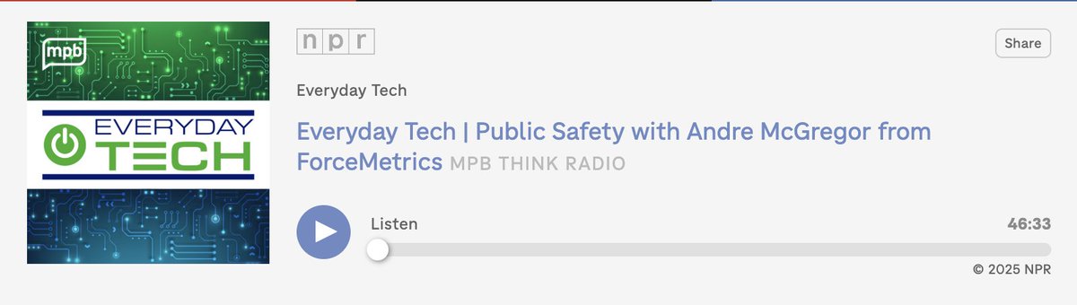ASTRSK (@astrskpr) on Twitter photo Tune into Everyday Tech by <a href="/NPR/">NPR</a>, <a href="/MPBOnline/">MSPublicBroadcasting</a> Think Radio's weekly program about consumer technology, and hear more from <a href="/AndrePlusData/">Andre McGregor</a> about how <a href="/ForceMetrics/">ForceMetrics</a> is using the power of AI to enhance #PublicSafety for first responders *AND* civilians 🤝🧑💻
npr.org/player/embed/f… Tune into Everyday Tech by <a href="/NPR/">NPR</a>, <a href="/MPBOnline/">MSPublicBroadcasting</a> Think Radio's weekly program about consumer technology, and hear more from <a href="/AndrePlusData/">Andre McGregor</a> about how <a href="/ForceMetrics/">ForceMetrics</a> is using the power of AI to enhance #PublicSafety for first responders *AND* civilians 🤝🧑💻
npr.org/player/embed/f…