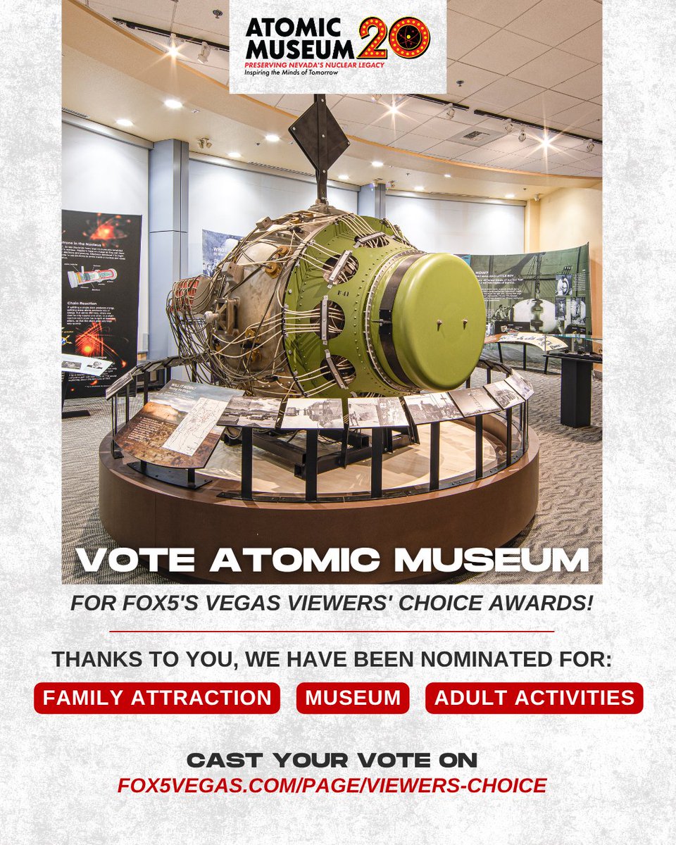 AtomicMuseum's tweet image. Help us win! 💥 The Atomic Museum is nominated for 3 FOX5 Vegas Viewer’s Choice Awards: Best Museum, Best Family Attraction &amp;amp; Best Adult Activity. Thanks for your support! Vote daily through July 20. One vote per category, per day, per email. Vote now: fox5vegas.com/page/viewers-c…