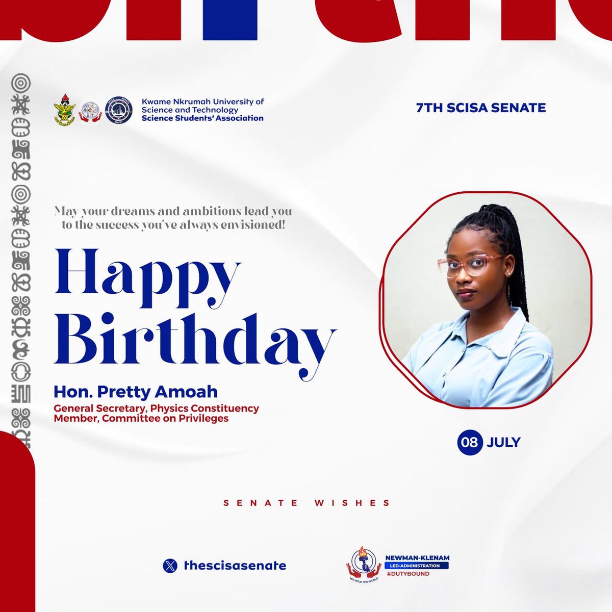 Happy Birthday to Hon. Pretty Amoah❤️🎉, Gen. Sec,<a href="/officialphysag/">PHYSAG-KNUST</a> constituency.
Your dedication to your duties made a difference every day. Cheers to you🥂

We love youuu✨.God bless you Ma❤️

#HappyBirthday #DutyBound #Weholdtheworld #KNUST #GOLD #7thSenate  <a href="/src_parliament/">KNUST SRC PARLIAMENTARY COUNCIL</a> #UP