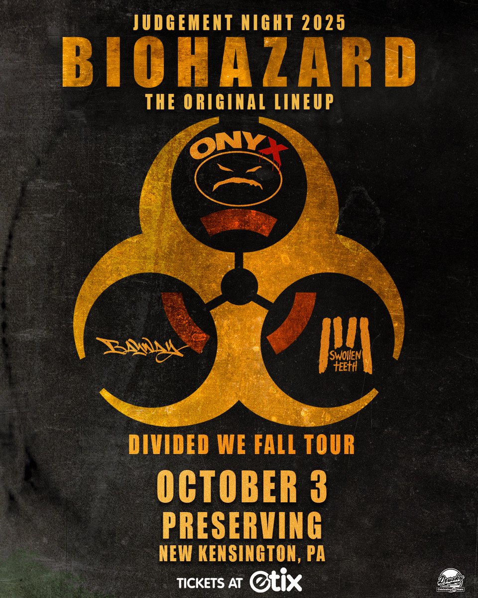 NEW SHOW 🚨 <a href="/biohazardDFL/">BIOHAZARD</a>: DIVIDED WE FALL TOUR with <a href="/ONYX_HQ/">ONYX</a>, <a href="/BaywayNJ/">BAYWAY</a>, <a href="/SwollenTeeth/">SwollenTeeth</a> at Preserving on October 3rd!

⏰ Tickets go on sale July 11th at 10am!
🎟️ bit.ly/BiohazardPC