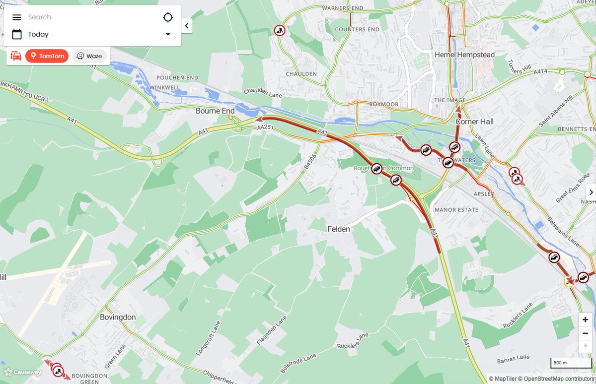 INCIDENT: #HemelHempstead #A41  DELAYS northbound on the A41 between Hemel Hempstead and Bourne End - due to an RTC. Emergency services are at the scene. #AvoidTheQ