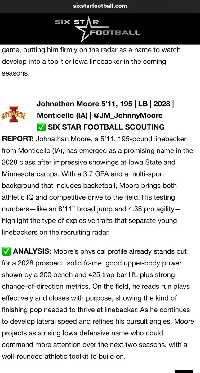 Johnathan Moore (Johnny) (@jm_johnnymoore) on Twitter photo Appreciate the feature <a href="/sixstarfootball/">Six Star Football | PLUS+</a>
Looking forward to putting in work and making plays.
<a href="/CoachSchuUGA/">Glenn Schumann</a> <a href="/CoachDiribe96/">Chidera Uzo-Diribe</a> <a href="/CoachCollins/">Coach Collins</a> <a href="/MattPatriciaOSU/">Matt Patricia</a> <a href="/JLaurinaitis55/">James Laurinaitis</a> <a href="/CoachMcGrath22/">Sam McGrath</a> <a href="/Coach_DCollins/">Danny Collins</a> <a href="/marianosori_/">Mariano Sori-Marin</a> <a href="/CoachKaneGopher/">Kevin Kane</a> <a href="/_cgallagher/">Chase Gallagher</a> <a href="/Coach_Heacock/">JON HEACOCK</a> <a href="/Coach_Kratch/">Colby Kratch</a> Appreciate the feature <a href="/sixstarfootball/">Six Star Football | PLUS+</a>
Looking forward to putting in work and making plays.
<a href="/CoachSchuUGA/">Glenn Schumann</a> <a href="/CoachDiribe96/">Chidera Uzo-Diribe</a> <a href="/CoachCollins/">Coach Collins</a> <a href="/MattPatriciaOSU/">Matt Patricia</a> <a href="/JLaurinaitis55/">James Laurinaitis</a> <a href="/CoachMcGrath22/">Sam McGrath</a> <a href="/Coach_DCollins/">Danny Collins</a> <a href="/marianosori_/">Mariano Sori-Marin</a> <a href="/CoachKaneGopher/">Kevin Kane</a> <a href="/_cgallagher/">Chase Gallagher</a> <a href="/Coach_Heacock/">JON HEACOCK</a> <a href="/Coach_Kratch/">Colby Kratch</a>