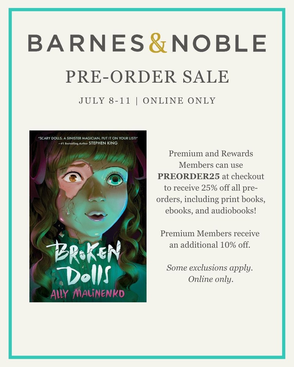 Ally Ally Oxenfree (@allymalinenko) on Twitter photo Hey friends! It's the B&N pre-order sale! Which means you can get 25% off Broken Dolls! And it also means you will make me a very very happy author! #BNPreorder #Preorder25
<a href="/HarperCollins/">HarperCollins</a>
barnesandnoble.com Hey friends! It's the B&N pre-order sale! Which means you can get 25% off Broken Dolls! And it also means you will make me a very very happy author! #BNPreorder #Preorder25
<a href="/HarperCollins/">HarperCollins</a>
barnesandnoble.com
