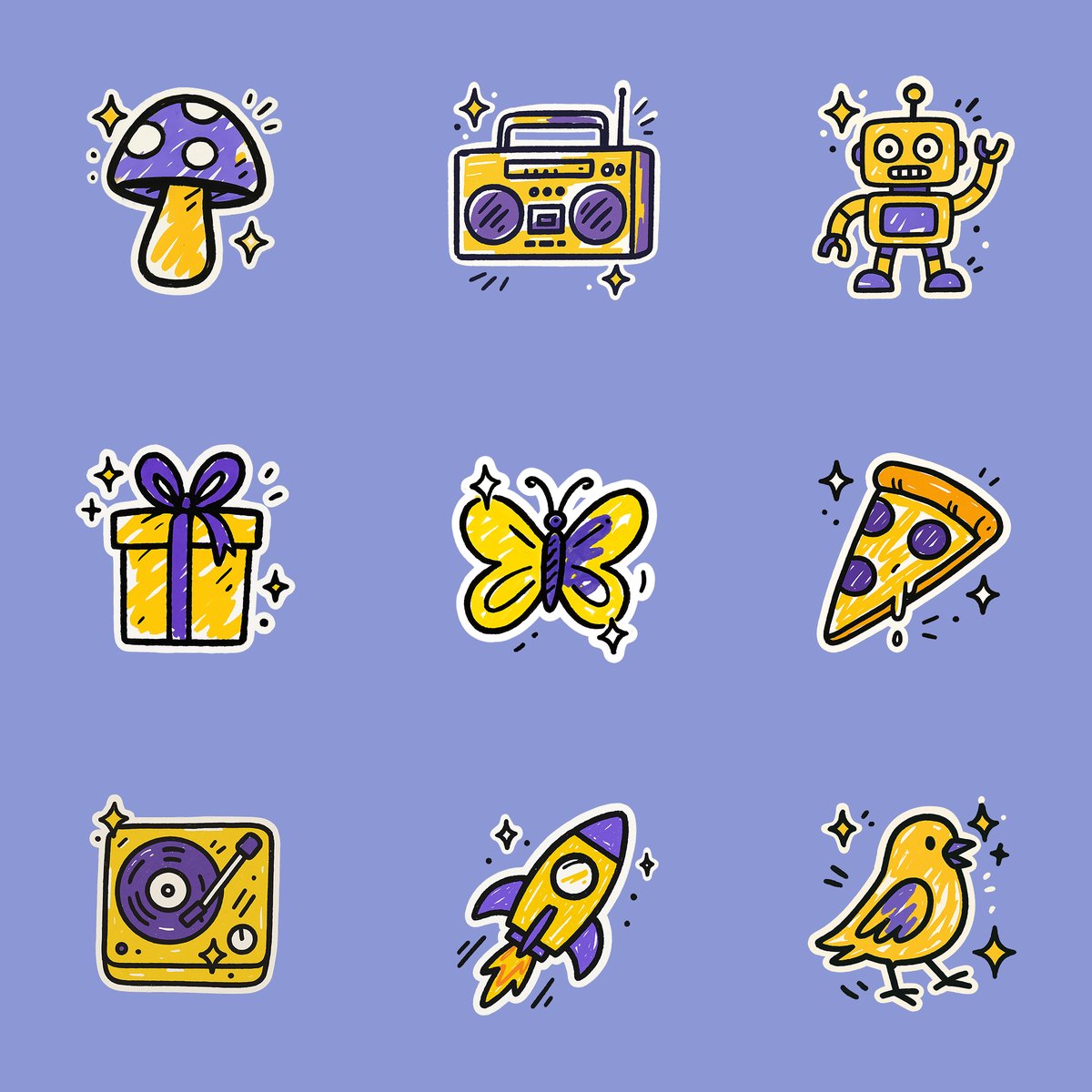 Hand drawn style icons with GPT-4o.

PROMPT:
Create a high-resolution icon of [OBJECT] in a playful hand-drawn style with bold, uneven black outlines and flat vibrant colors. The fills must look highly imperfect and hand-colored. Leave multiple areas of the subject partially