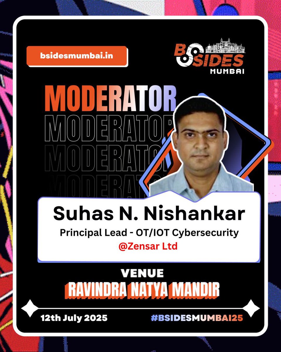 Welcoming Suhas N. Nishankar (Principal Lead, Zensar) to #BSidesMumbai25! 
15+ yrs in OT/IoT security, expert in IEC 62443, NIST 800-82, Claroty, Nozomi &amp; more Championing IT-OT convergence for critical infra.
🗓 12 July | Mumbai
🔗 bsidesmumbai.in
#OT #IoT #InfoSecIndia