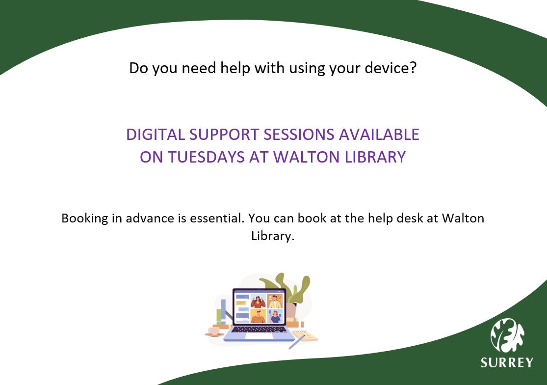 WaltonLibrary's tweet image. Do you need help with using your device? Digital support sessions are available on Tuesdays @WaltonLibrary. Booking in advance is essential. You can book at the help desk at the library #SurreyLibraries #LoveLibraries 💻
