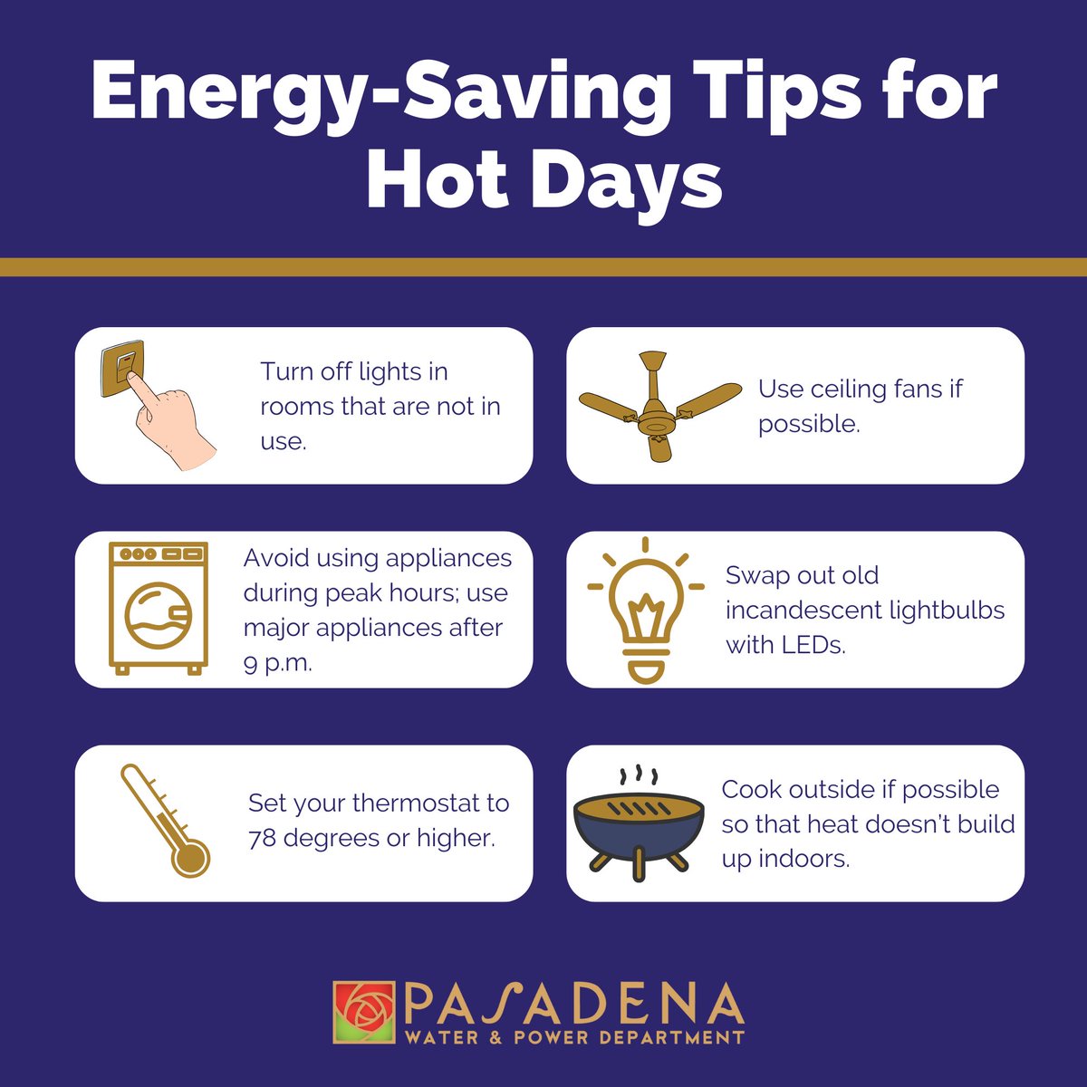 Pasadena Water & Power (@pwpnews) on Twitter photo With high heat forecasted over the next few days, follow these tips to beat the summer heat and save energy.
Need to update your cooling system? Visit PWPweb.com/SaveEnergy for available rebates and resources.
<a href="/PasadenaGov/">City of Pasadena</a> With high heat forecasted over the next few days, follow these tips to beat the summer heat and save energy.
Need to update your cooling system? Visit PWPweb.com/SaveEnergy for available rebates and resources.
<a href="/PasadenaGov/">City of Pasadena</a>