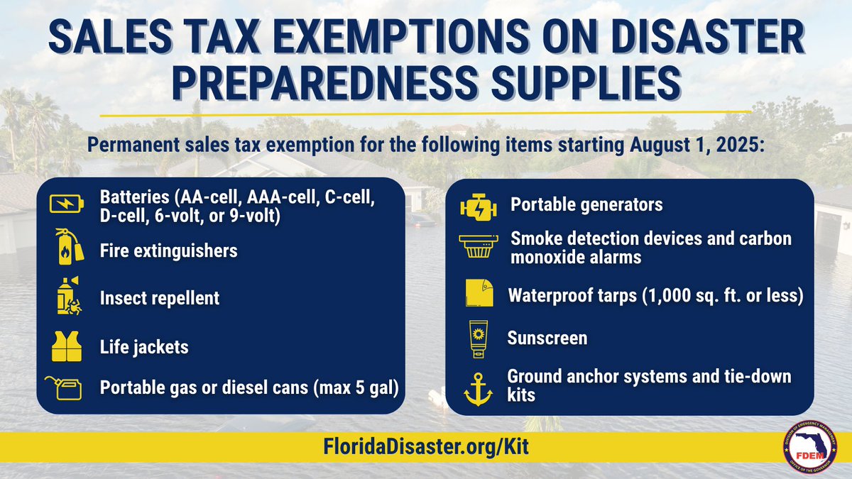 FLSERT's tweet image. 📢 Starting next month, key disaster prep items are permanently sales tax exempt in Florida!
Stock up on batteries, generators, tarps & more for this hurricane season.
To build your disaster supply kit, visit FloridaDisaster.org/Kit.