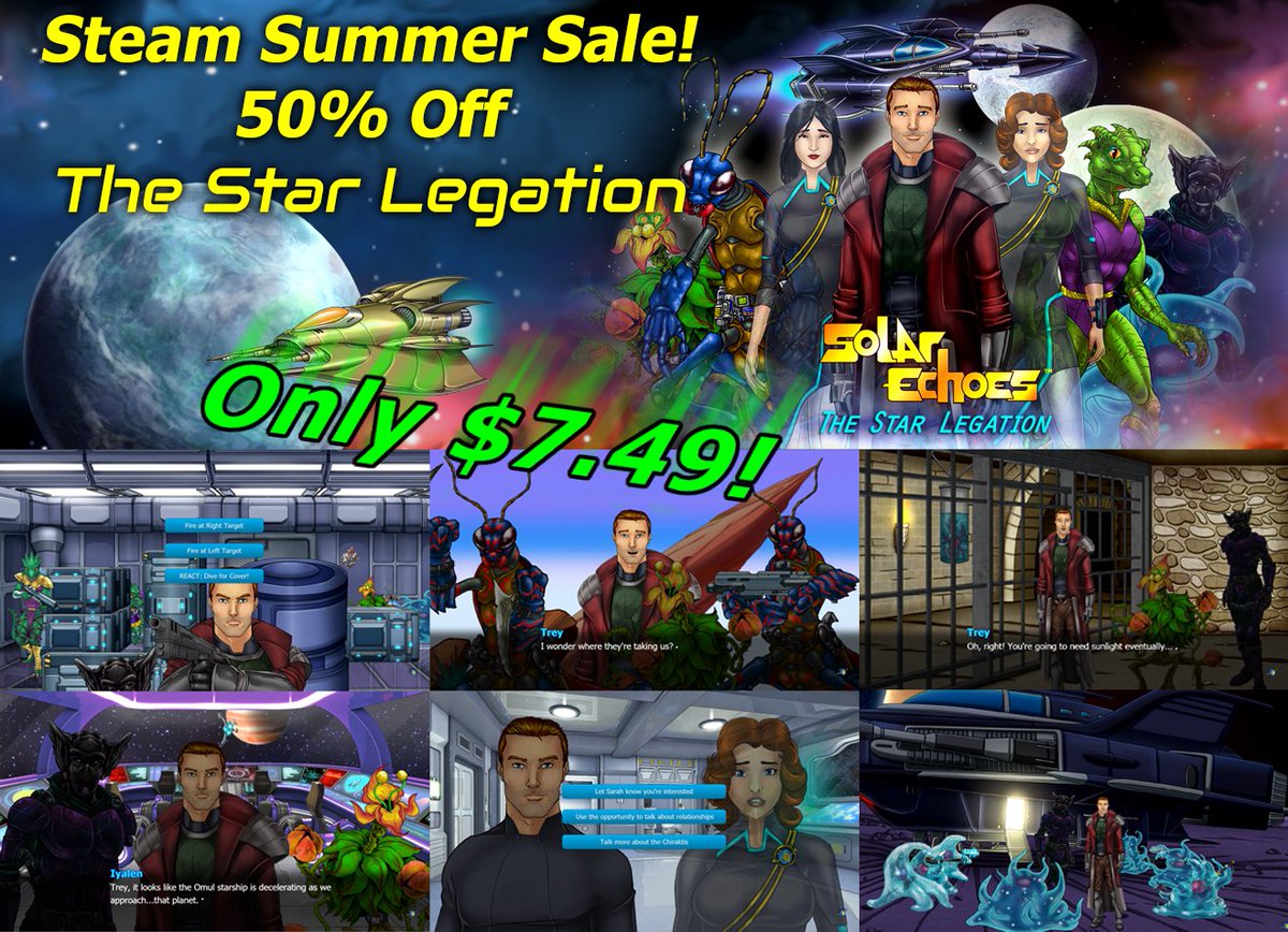 🚀The Star Legation is 50% off!

Join an alien crew in a branching space epic with 500+ choices and multiple endings. Diplomacy, mystery, comedy, +optional combat &amp; romance in a cinematic visual novel with RPG options.

store.steampowered.com/app/1371880/So…

#VisualNovel #SteamSale #IndieGame