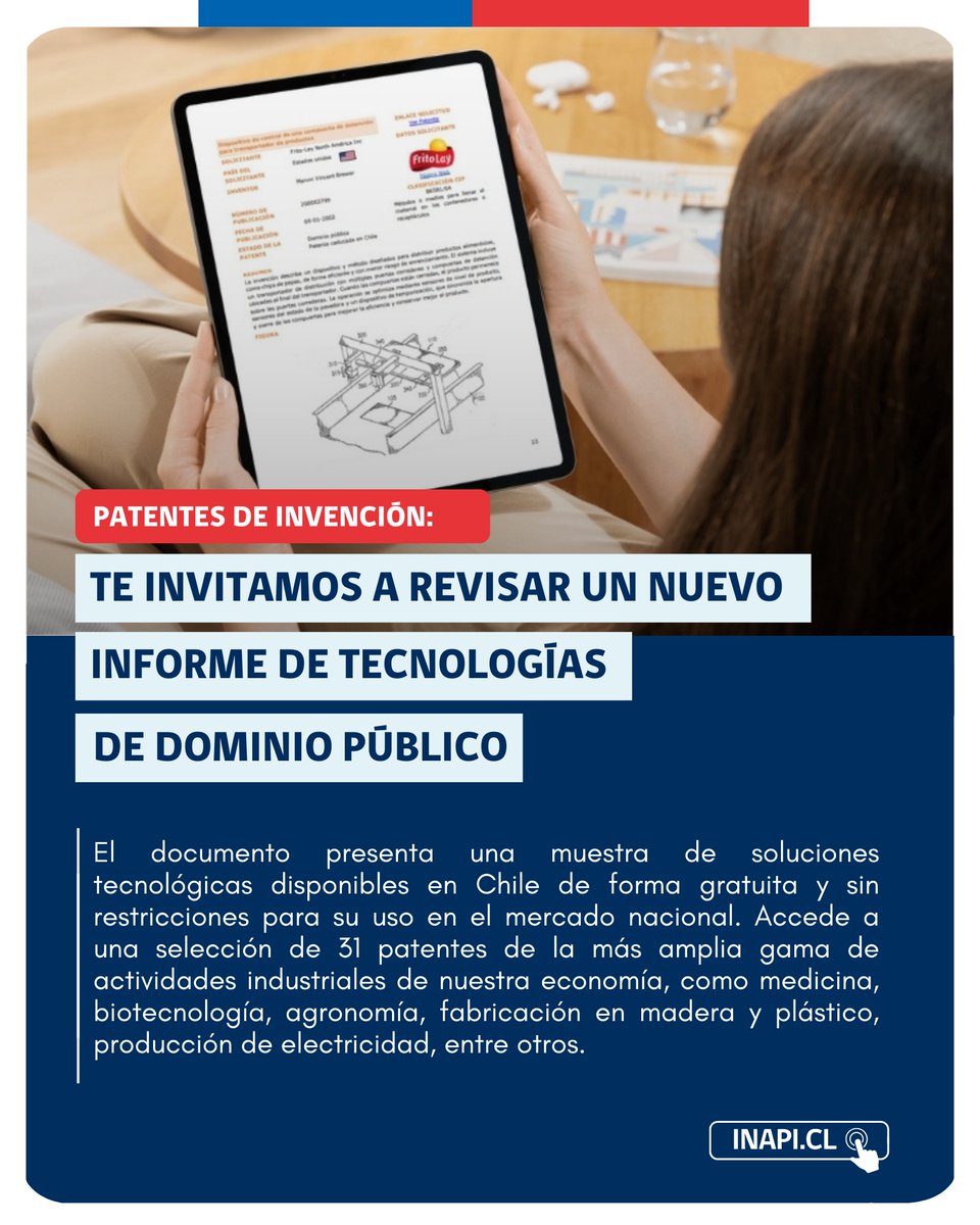 📌 ¿Sabías que muchas de estas invenciones pueden convertirse en oportunidades de innovación accesible para emprendedores, investigadores o industrias locales?

Revisa el informe completo aquí 👉inapi.cl/docs/default-s…