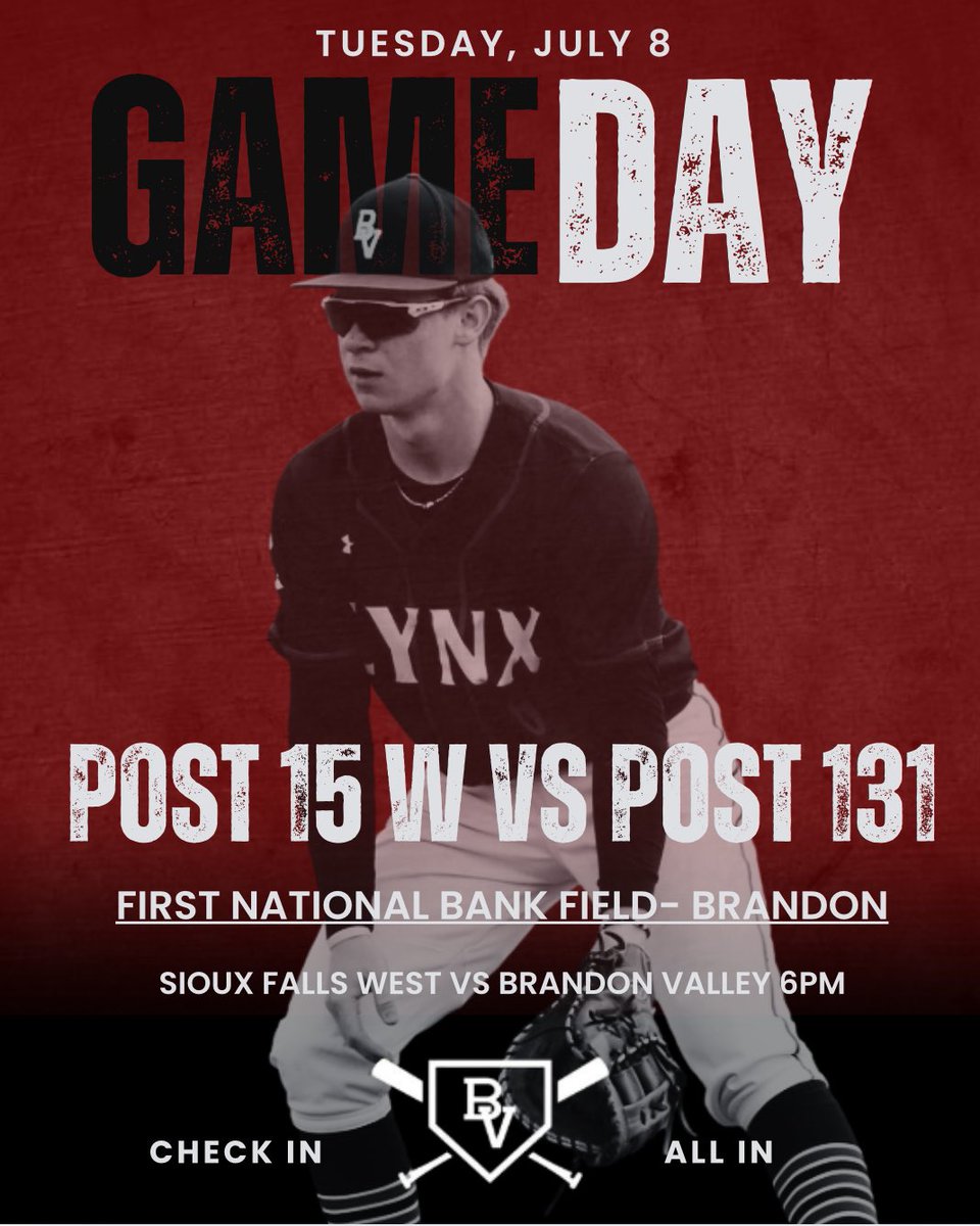 🚨Game Day🚨

The Post 131 Legion Team will take on Post 15 West for ONE game at 6:00pm.

📍Aspen Park, FNB Field
🆚 Sioux Falls West Post 15

CHECK IN- ALL IN