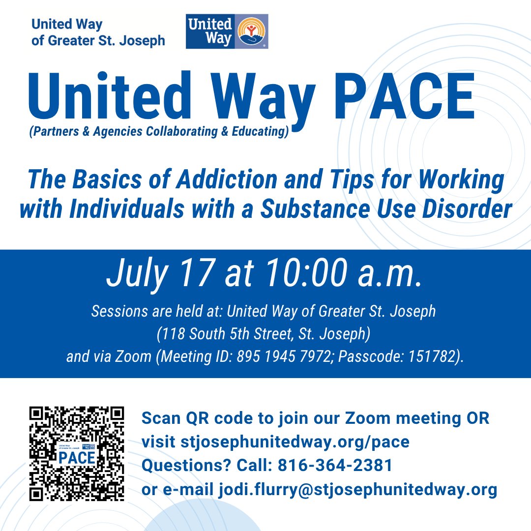 UnitedWayStJoe's tweet image. Don’t miss our next PACE session:
 The Basics of Addiction and Tips for Working with Individuals with a Substance Use Disorder
🗓️ July 17 | 10AM
Free Narcan &amp;amp; fentanyl test strips included!
#UnitedWayPACE #AddictionSupport #NonprofitTraining
