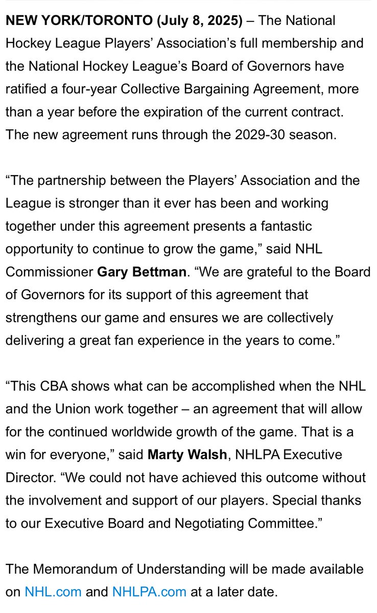 The NHL and NHLPA have ratified the new four year Collective Bargaining Agreement that begins in September 2026 and runs through September 2030.