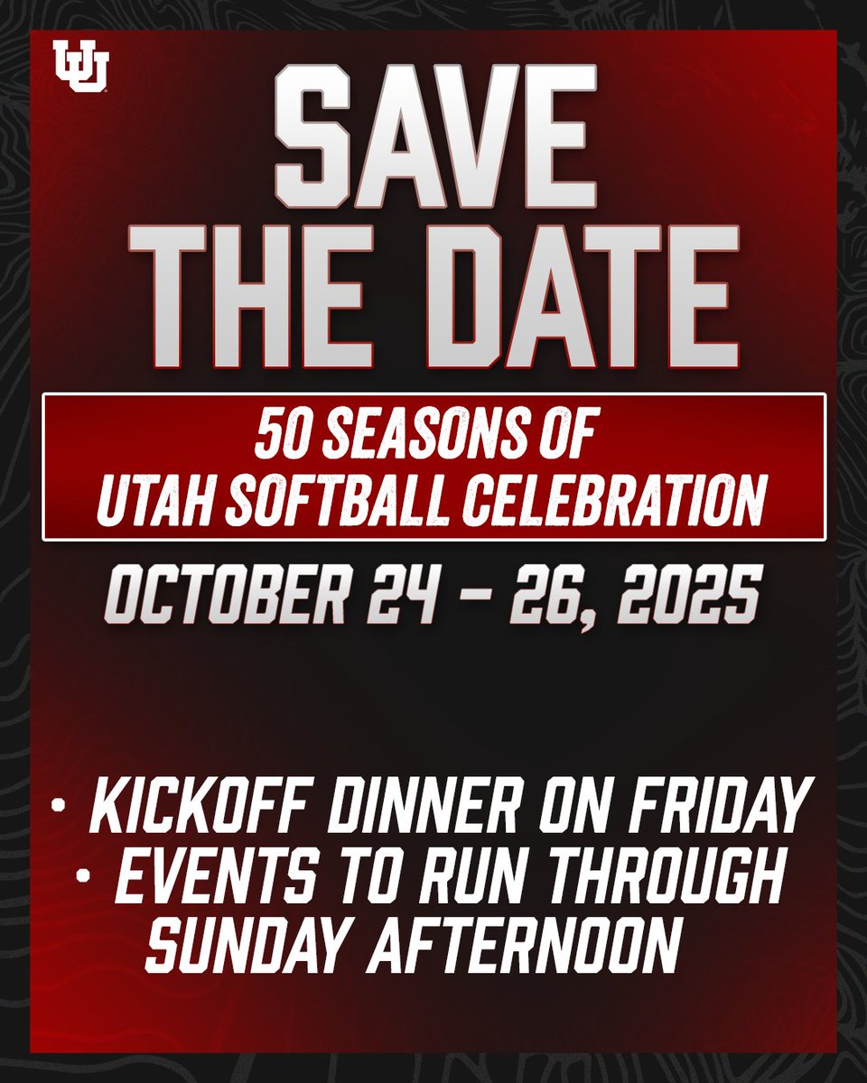 🗣️𝐂𝐚𝐥𝐥𝐢𝐧𝐠 𝐚𝐥𝐥 𝐚𝐥𝐮𝐦𝐧𝐢!

Don't forget to make your plans now to be here for our 50 Seasons of Utah Softball Celebration on Oct. 24 - 26!

We hope you'll all join us for a very special weekend back on campus!

#GoUtes