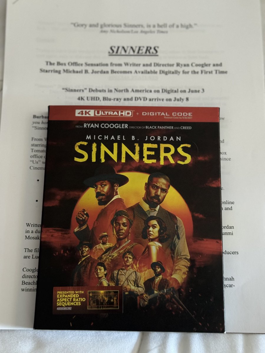 Thank you <a href="/WBHomeEnt/">Warner Bros. Entertainment</a> for my copy of Sinners on 4K Ultra HD! You can now buy your copy wherever you get your physical media! #Sinners #SinnersMovie #4kultrahd #bluray #physicalmedia